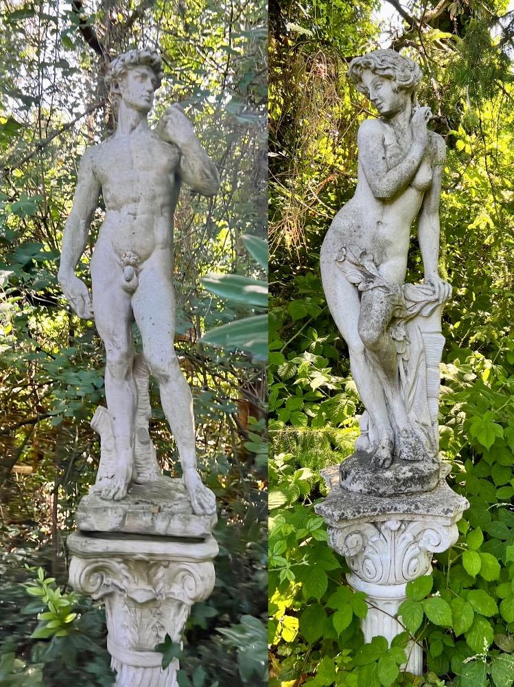Lovely set of concrete garden statues in the antique style circa 1950 with a beautiful patina