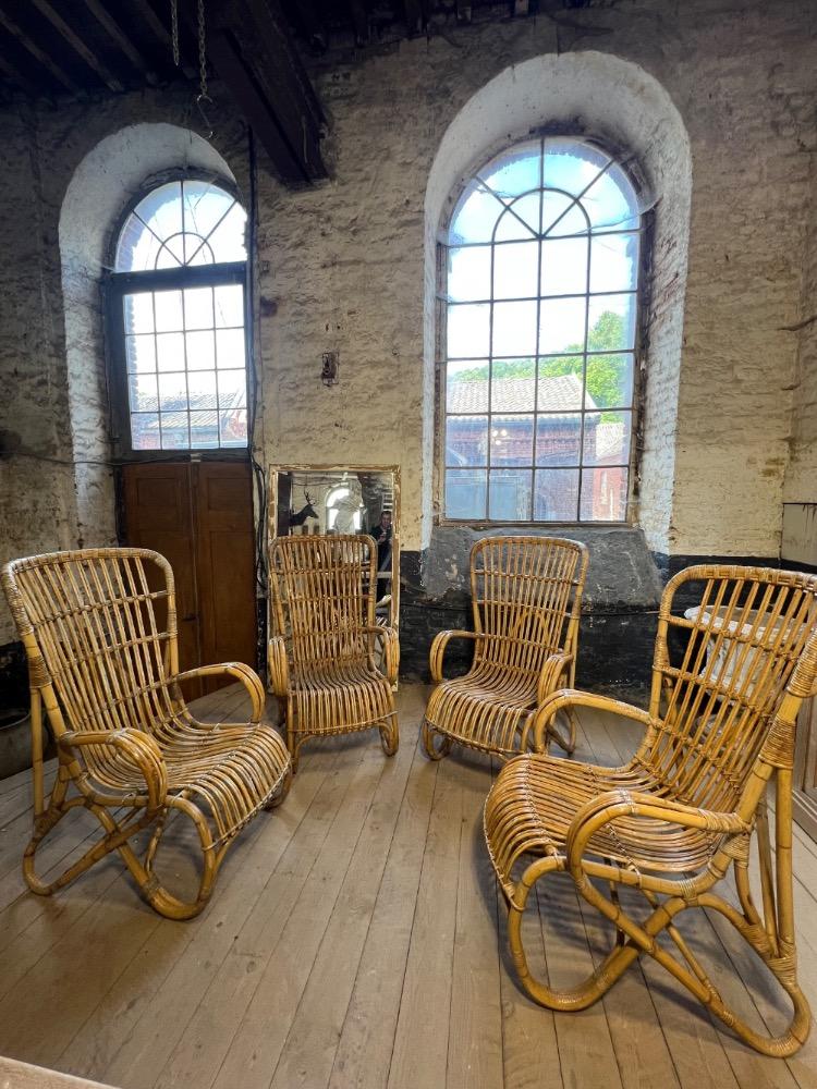 Set of 4 rattan armchairs, mid-20th century