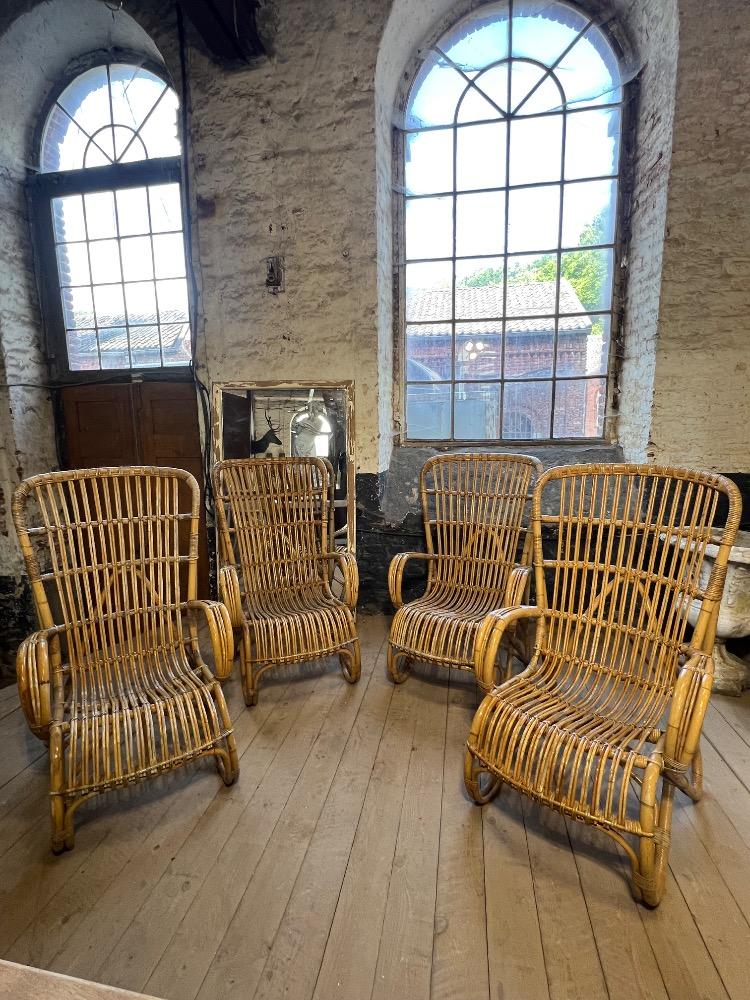 Set of 4 rattan armchairs, mid-20th century