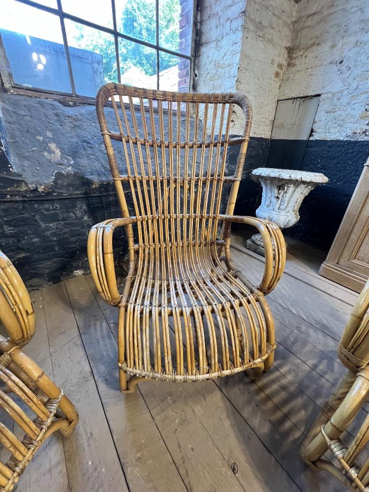 Set of 4 rattan armchairs, mid-20th century
