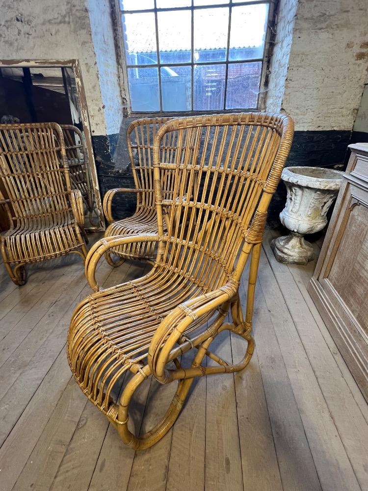 Set of 4 rattan armchairs, mid-20th century