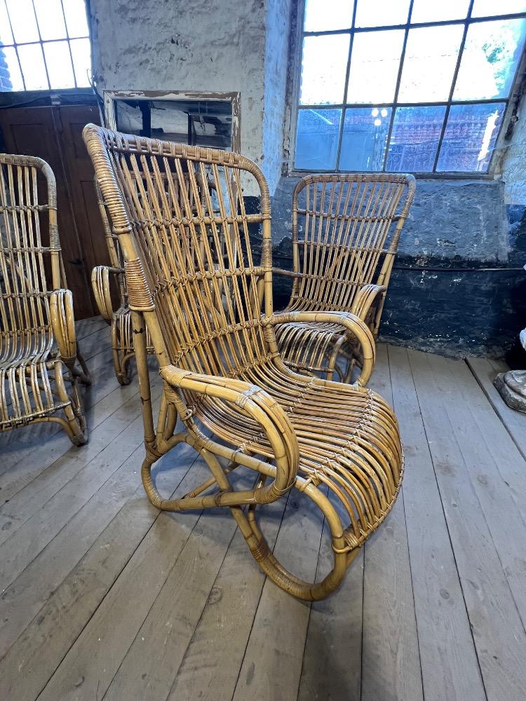Set of 4 rattan armchairs, mid-20th century