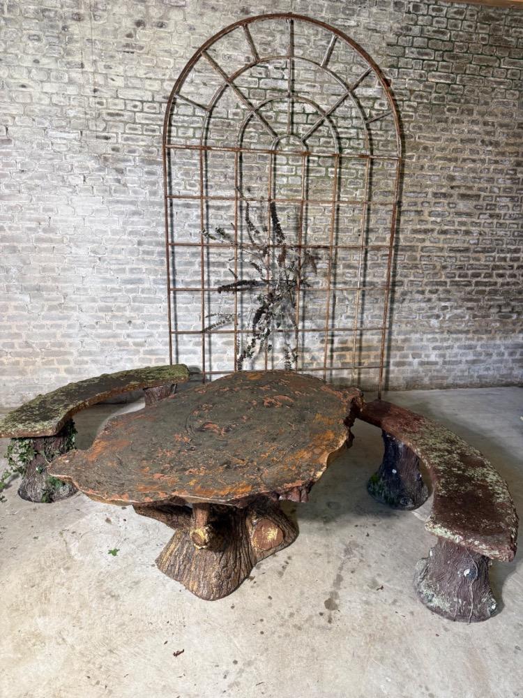 TABLE AND TWO BENCHES FAUX WOOD CONCRETE, EARLY 20TH CENTURY