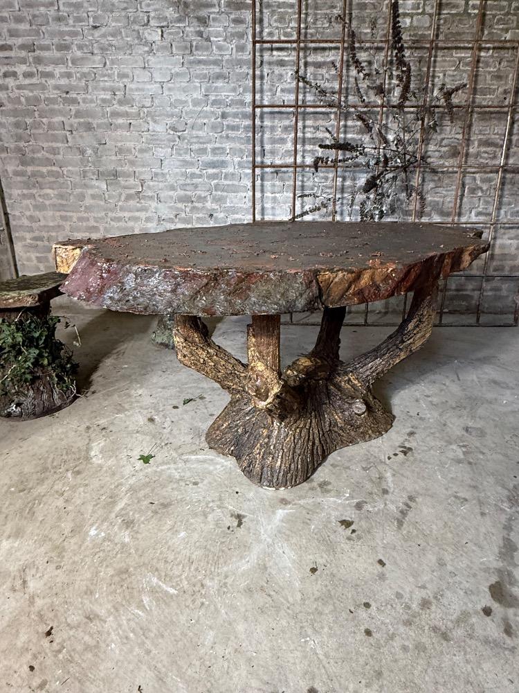 TABLE AND TWO BENCHES FAUX WOOD CONCRETE, EARLY 20TH CENTURY