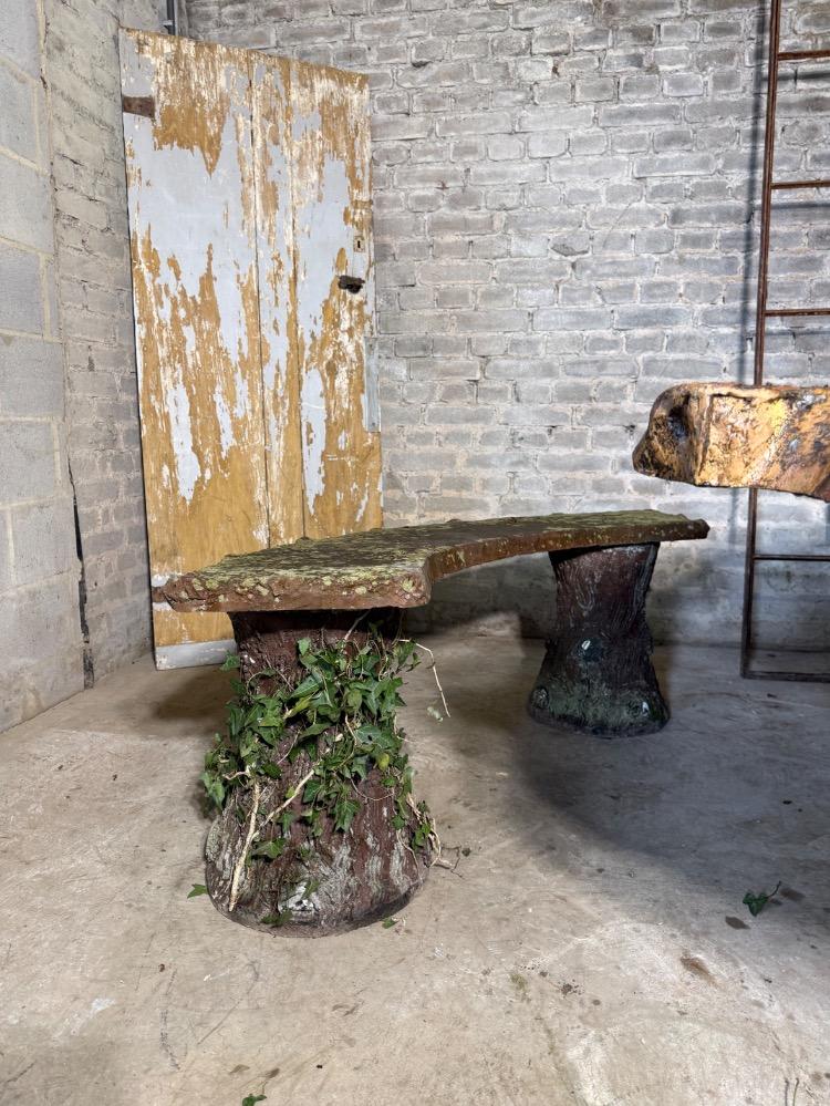 TABLE AND TWO BENCHES FAUX WOOD CONCRETE, EARLY 20TH CENTURY