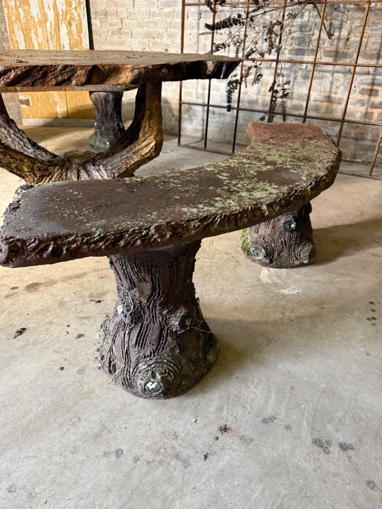TABLE AND TWO BENCHES FAUX WOOD CONCRETE, EARLY 20TH CENTURY