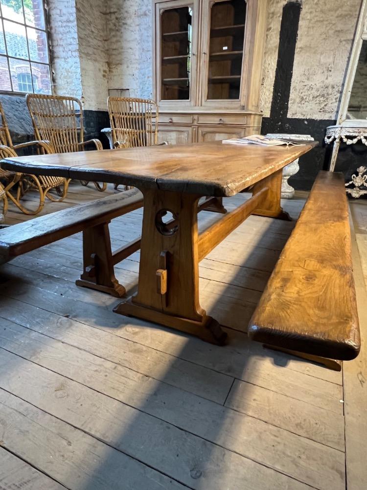 Table and two benches, mid-20th century 