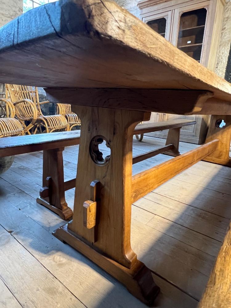 Table and two benches, mid-20th century 