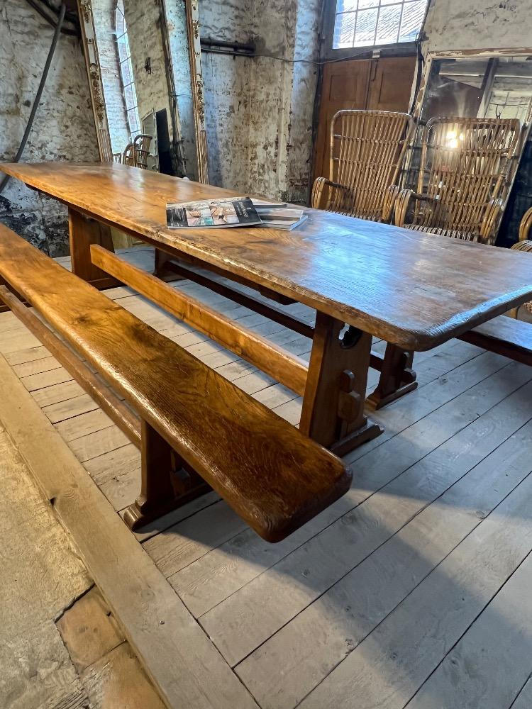 Table and two benches, mid-20th century 